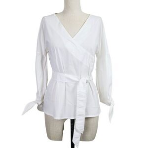 Vineyard Vines Top 2XS White Poplin‎ Surplice V-Neck Tie Sleeve Belted Shirt